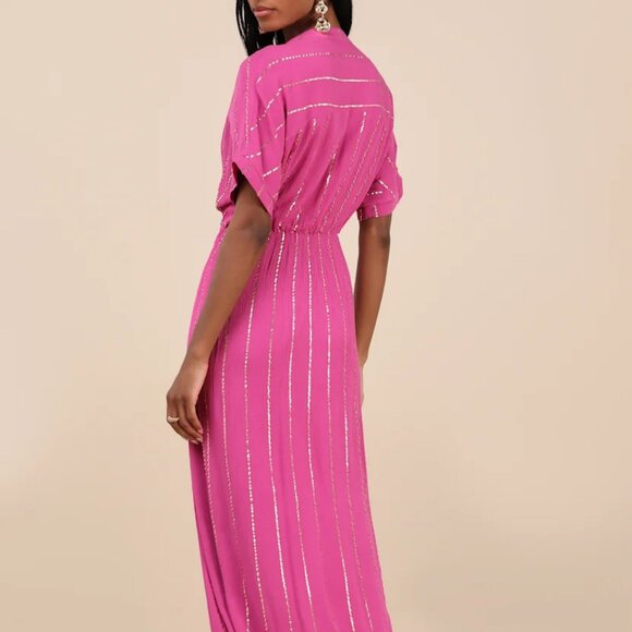 Lulus Goddess Vibes Magenta Gold Striped Dolman Sleeve Maxi Dress (S), NWT - Picture 2 of 5